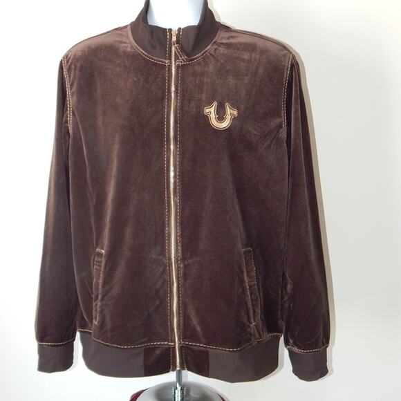 NWT True Religion Velvet Embellished Track Jacket Zip Up Brown Gold Men XXXL - Picture 4 of 11